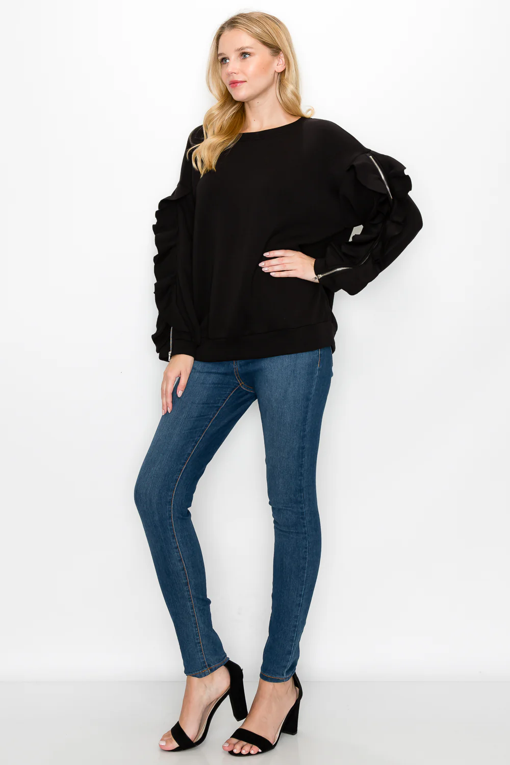 Ferra Stretch French Scuba Top with Ruffled Zipper Sleeves - Image 4